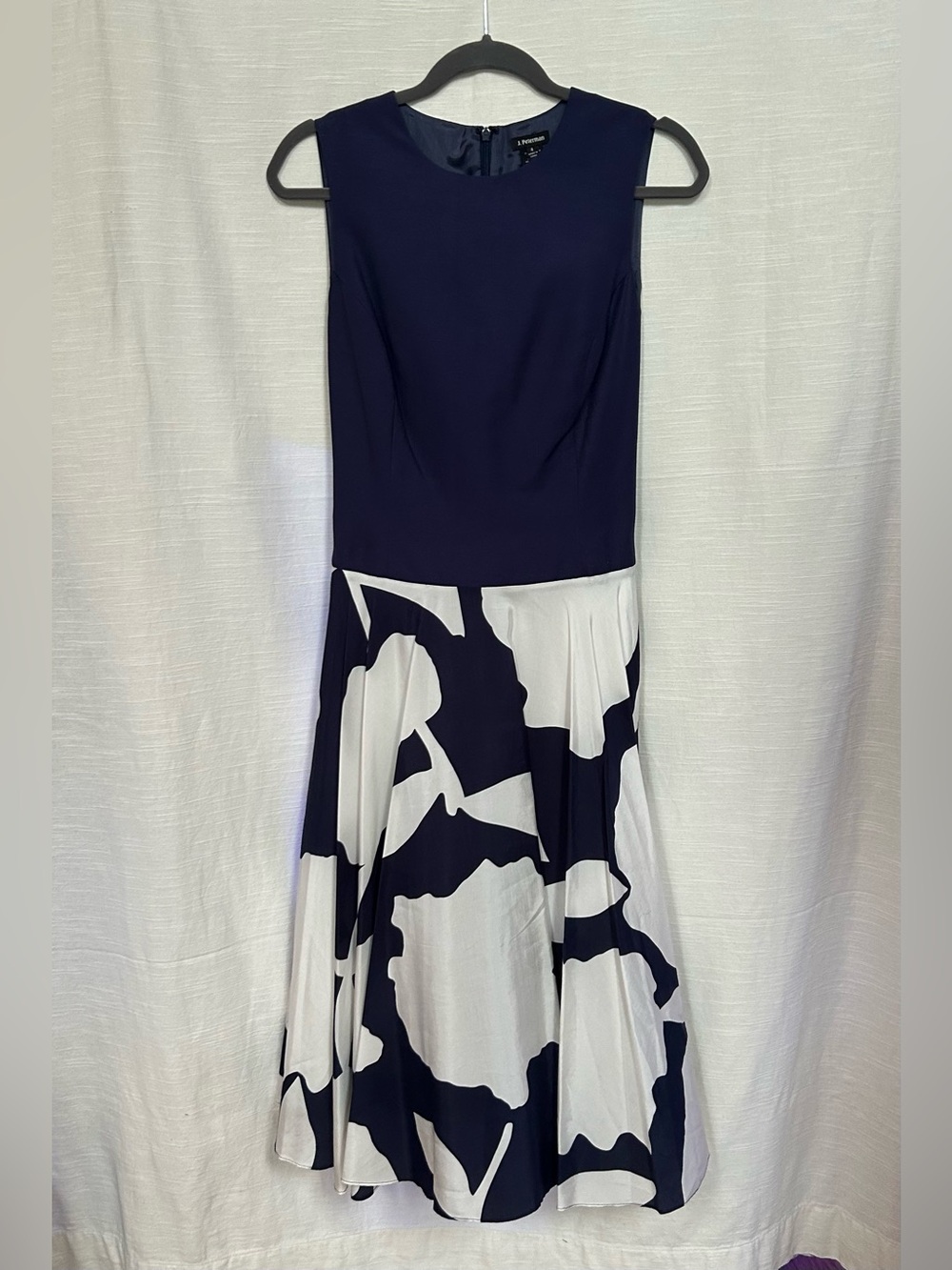 J. Peterman Italian Silk Navy and White Abstract Floral Midi Fit-and-Flare Dress